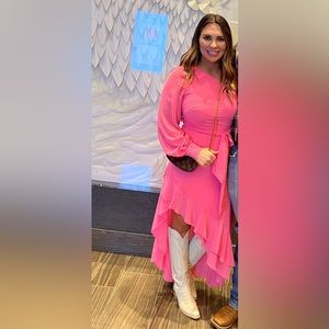 Belle by Badgley Mischka One Shoulder Pink Ruffle Dress